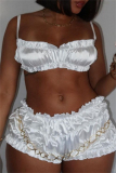 Sexy Sleeveless Backless Chain Decor Ruffle Trim Ruched Cami Crop Tops And Shorts Two Pieces Shorts Sets