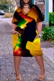 Casual Figure Print Basic V Neck Short Sleeve Pockets Plus Size T-shirt Midi Dresses