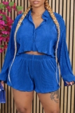 Casual Turndown Collar Ruched Long Sleeve Shirt And Shorts Pleated Two Piece Shorts Sets