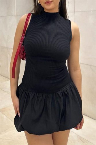 Casual Half A Turtleneck Sleeveless Bubble Hem Party Club Sweet Knitted Mini Dresses