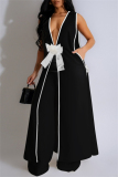 Formal Deep V Neck Sleeveless Bow Decor Longline Cardigan And Wide Leg Pants Office Lady Two Piece Trousers Set