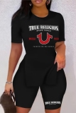 Casual Letter Print O Neck Short Sleeve Slit Slim Fitted T-shirt And ShortsTwo Pieces Shorts Sets