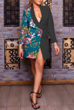 Formal Floral Print Deep V Neck Turn-back Collar Long Sleeve Buttons Office Lady Long Blazer Jacket
