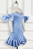 Formal Sleeveless O Neck Ruffles Bow Beaded Decor Slim Fit Ruffle Tiered Hem Evening Party Wrap Dresses For Wedding