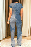 Casual Letter Faux Denim Print O Neck Short Sleeve Pockets Crop T-shirt And Wide Leg Pants Two Pieces Trouser Sets
