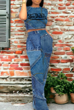 Casual Letter Faux Denim Print O Neck Short Sleeve Pockets Crop T-shirt And Wide Leg Pants Two Pieces Trouser Sets