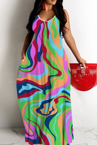 Sexy Graphics Print Backless Spaghetti Strap Sleeveless Floor Length Loose Vacation Maxi Slip Dresses