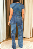 Casual Letter Faux Denim Print O Neck Short Sleeve Pockets Crop T-shirt And Wide Leg Pants Two Pieces Trouser Sets