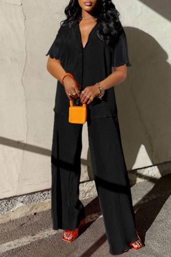Casual Turndown Collar Half Sleeve Blouse And Wide Leg Pants Vacation Two Piece Trouser Sets