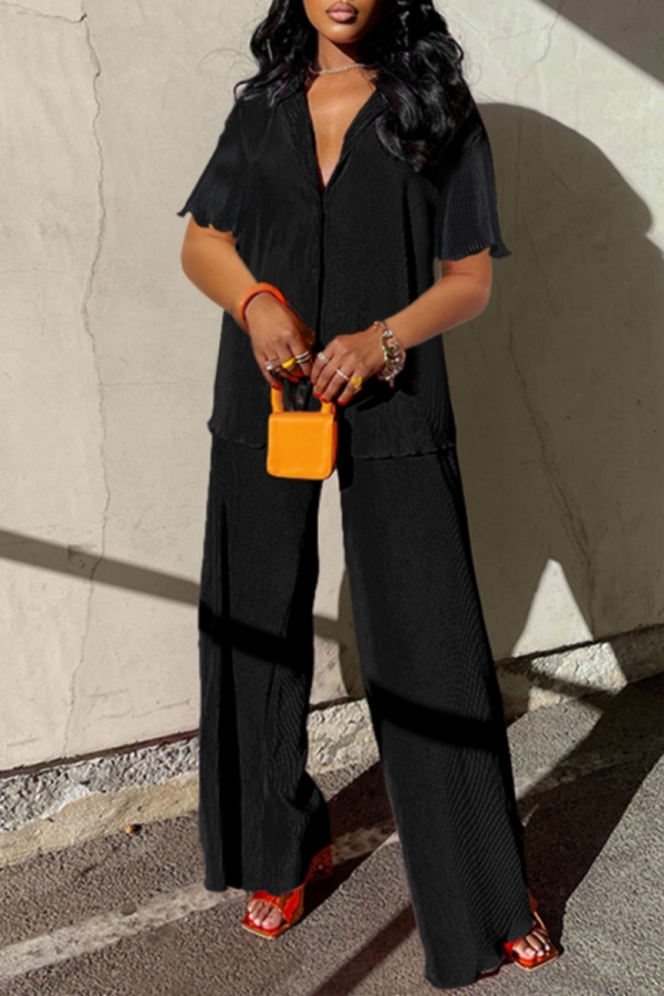Casual Turndown Collar Half Sleeve Blouse And Wide Leg Pants Vacation Two Piece Trouser Sets