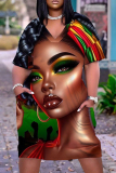 Casual Figure Print Basic V Neck Short Sleeve Pockets Plus Size T-shirt Midi Dresses