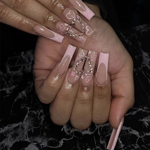 Casual Heart Shaped Rhinestone Decor Press On Nails Square Fake Nails Pink French Tips False Nails