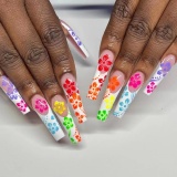 Casual Flowers Long Square Press On Nails Colorful Daisy Flower Fake Nails with French Design Full Cover Acrylic False