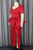 Sexy V Neck Short Sleeve Cinch Waist Front Slit Slim Fit Bow Decor Formal Party Evening Maxi Dress