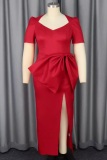 Sexy V Neck Short Sleeve Cinch Waist Front Slit Slim Fit Bow Decor Formal Party Evening Maxi Dress