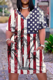 Casual Flag Star Print Basic V Neck Short Sleeve Pockets Plus Size T-shirt Midi Dresses