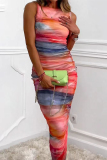 Sexy Ombre Print Sleeveless O Neck One Step Skirt Lace Ruched Vacation Formal Party Bodycon Midi Dresses