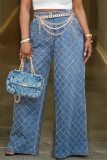 Casual Chain Decor Rhombus High Waist Straight Wide Leg Denim Jeans