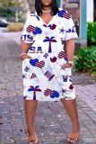 Casual Flag Star Print Basic V Neck Short Sleeve Pockets Plus Size T-shirt Midi Dresses