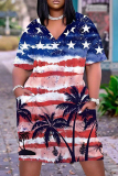 Casual Flag Star Print Basic V Neck Short Sleeve Pockets Plus Size T-shirt Midi Dresses