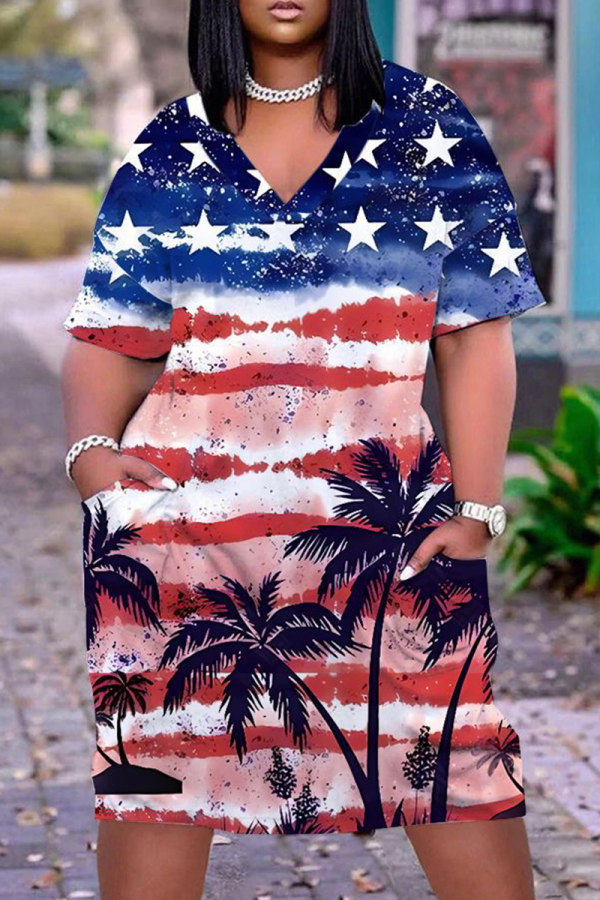 Casual Flag Star Print Basic V Neck Short Sleeve Pockets Plus Size T-shirt Midi Dresses