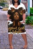 Casual Figure Print Basic V Neck Short Sleeve Pockets Plus Size T-shirt Midi Dresses