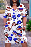 Casual Flag Star Print Basic V Neck Short Sleeve Pockets Plus Size T-shirt Midi Dresses