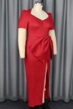 Sexy V Neck Short Sleeve Cinch Waist Front Slit Slim Fit Bow Decor Formal Party Evening Maxi Dress