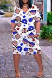 Casual Flag Star Print Basic V Neck Short Sleeve Pockets Plus Size T-shirt Midi Dresses