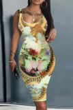 Casual Graphics Print U Neck Sleevelesss Bodycon Midi Tank Dress