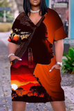 Casual Figure Print Basic V Neck Short Sleeve Pockets Plus Size T-shirt Midi Dresses