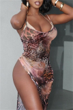 Sexy Leopard Print Backless Sleeveless Side Slit Spaghetti Strap Party Long Bodycon Maxi Slip Dresses