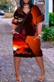 Casual Figure Print Basic V Neck Short Sleeve Pockets Plus Size T-shirt Midi Dresses