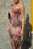 Sexy Leopard Print Backless Sleeveless Side Slit Spaghetti Strap Party Long Bodycon Maxi Slip Dresses