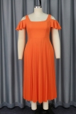 Formal Square Neck Flutter Sleeve Hollow Out Cinch Waist A Line Office Lady Pleated Maxi Dress