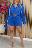 Casual Turndown Collar Ruched Long Sleeve Shirt And Shorts Pleated Two Piece Shorts Sets