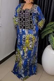 Casual Graphics Print Boat Neck Long Sleeve Slit Hot Drill Long Floor Length Plus Size Baggy Maxi Dresses