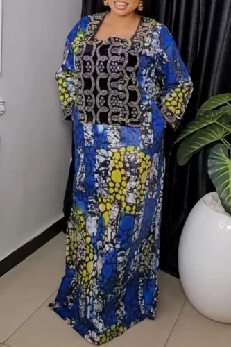 Casual Graphics Print Boat Neck Long Sleeve Slit Hot Drill Long Floor Length Plus Size Baggy Maxi Dresses