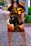 Casual Figure Print Basic V Neck Short Sleeve Pockets Plus Size T-shirt Midi Dresses