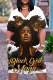 Casual Figure Print Basic V Neck Short Sleeve Pockets Plus Size T-shirt Midi Dresses