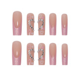 Casual Heart Shaped Rhinestone Decor Press On Nails Square Fake Nails Pink French Tips False Nails