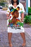 Casual Figure Print Basic V Neck Short Sleeve Pockets Plus Size T-shirt Midi Dresses