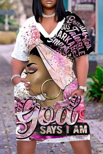 Casual Figure Print Basic V Neck Short Sleeve Pockets Plus Size T-shirt Midi Dresses