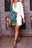 Formal Floral Print Deep V Neck Turn-back Collar Long Sleeve Buttons Office Lady Long Blazer Jacket