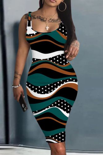 Casual Graphics Print U Neck Sleevelesss Bodycon Midi Tank Dress