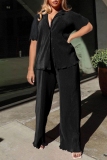 Casual Turndown Collar Half Sleeve Blouse And Wide Leg Pants Vacation Two Piece Trouser Sets