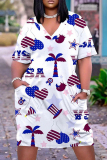 Casual Flag Star Print Basic V Neck Short Sleeve Pockets Plus Size T-shirt Midi Dresses