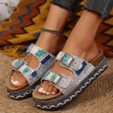 Casual Rhinestone Decor Retro Hot Drilling Thick-Bottomed Sandals With Double Buckle Straps