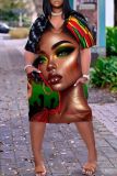 Casual Figure Print Basic V Neck Short Sleeve Pockets Plus Size T-shirt Midi Dresses