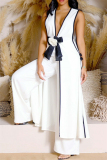 Formal Deep V Neck Sleeveless Bow Decor Longline Cardigan And Wide Leg Pants Office Lady Two Piece Trousers Set